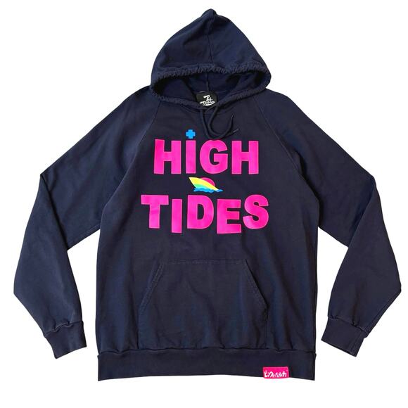 Pink Dolphin HIGH TIDES Hooded Sweatshirt Mens Size LARGE Blue 100% Cotton USA - Picture 1 of 11
